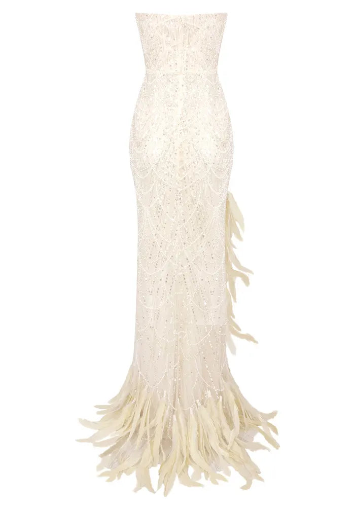 Strapless Crystal Sequin Feather Maxi Dress Ivory