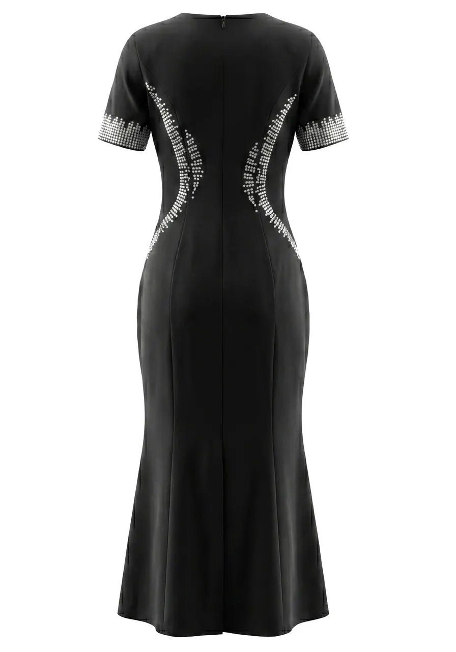 Short Sleeve Crystal Fluted Midi Dress Black