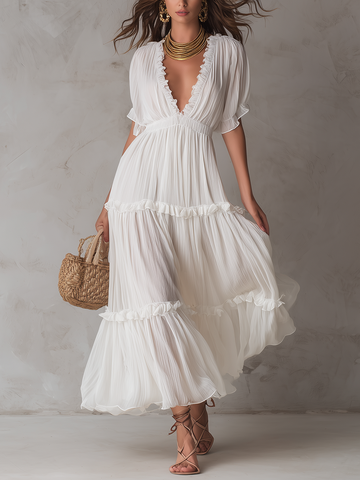 Graceful Pleated V-Neck Bohemian Maxi Dress