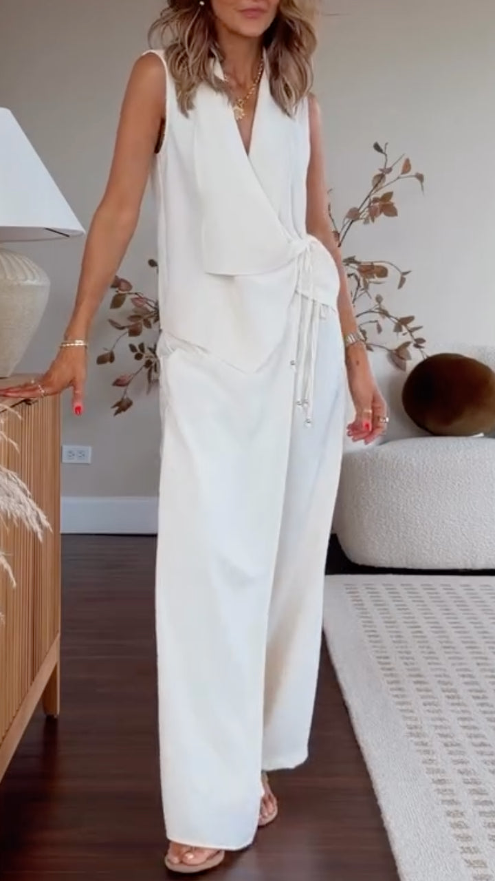 White Sleeveless Wrap Tie Vest & Wide Leg Pant 2 Piece Set