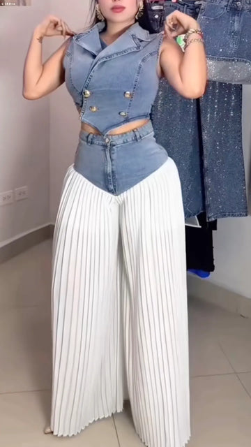 复制Denim Vest & White Pleated Wide Leg Pants Two Piece Set