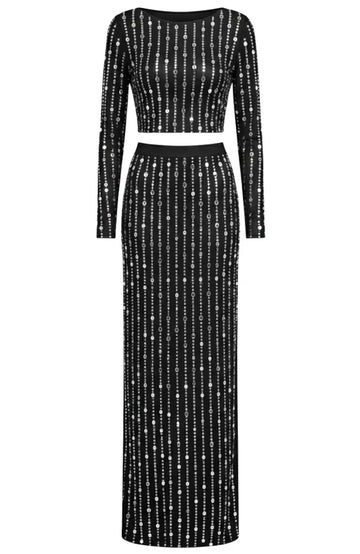 Long Sleeve Crystal Maxi Two Piece Dress Black