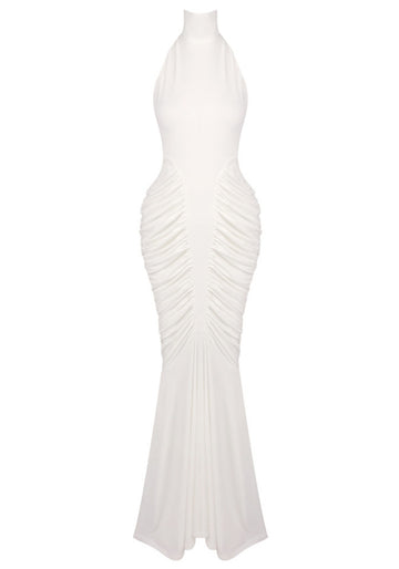Halter Draped Backless Maxi Dress White