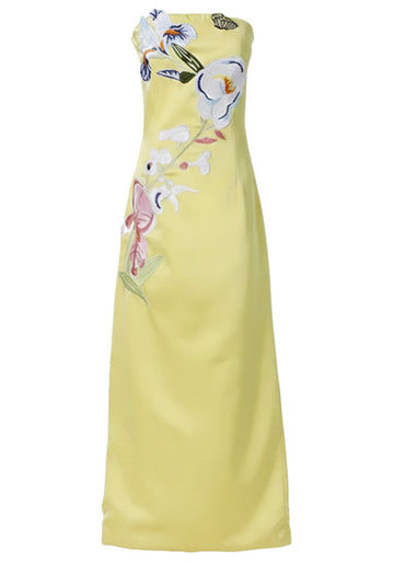 Strapless Floral Embroidered Maxi Dress Yellow