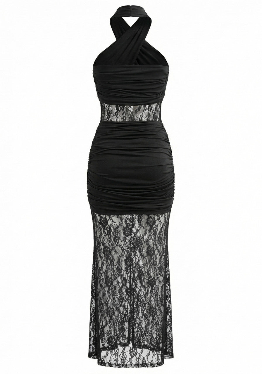 Halter Lace Insert Ruched Maxi Dress Black