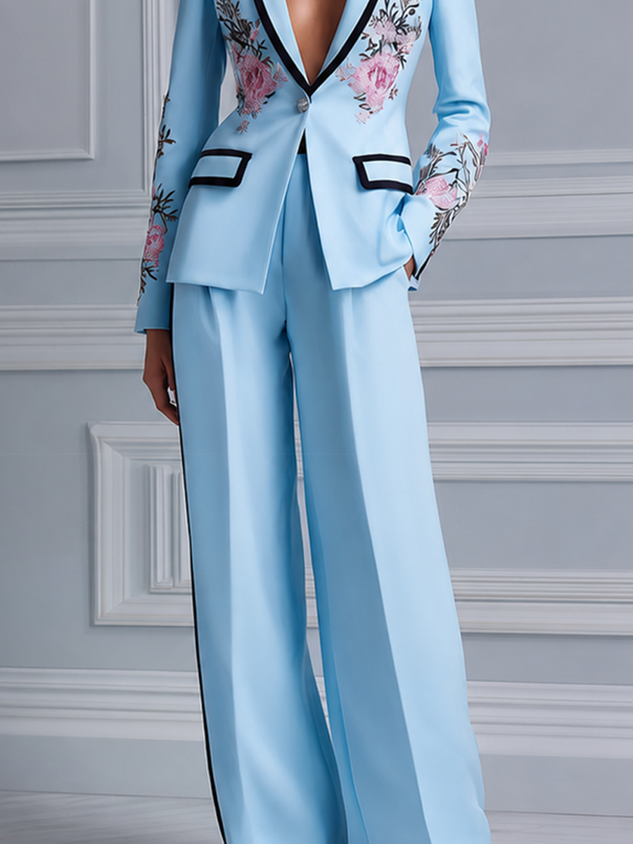 Sky Blue Floral Embroidered Deep V Tailored Blazer & Wide Leg Trousers Two-Piece Suit Set