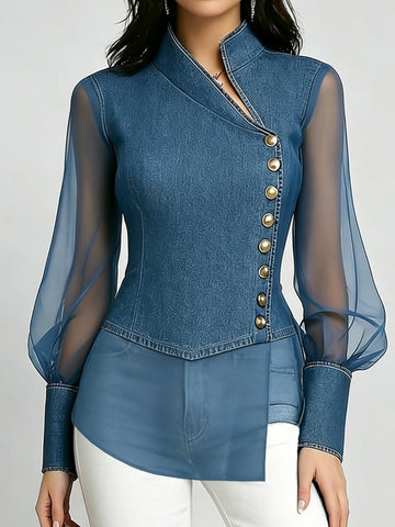 Elegant Stylish Organza-paneled Denim Shirt
