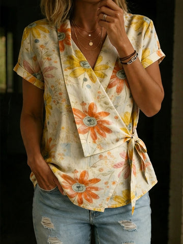 Women's Vintage Ethnic Floral Print Casual Cross-over Tie Neck Top