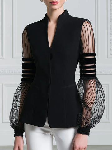 Stand Collar Sheer Striped Mesh Balloon Sleeve Tailored Blazer