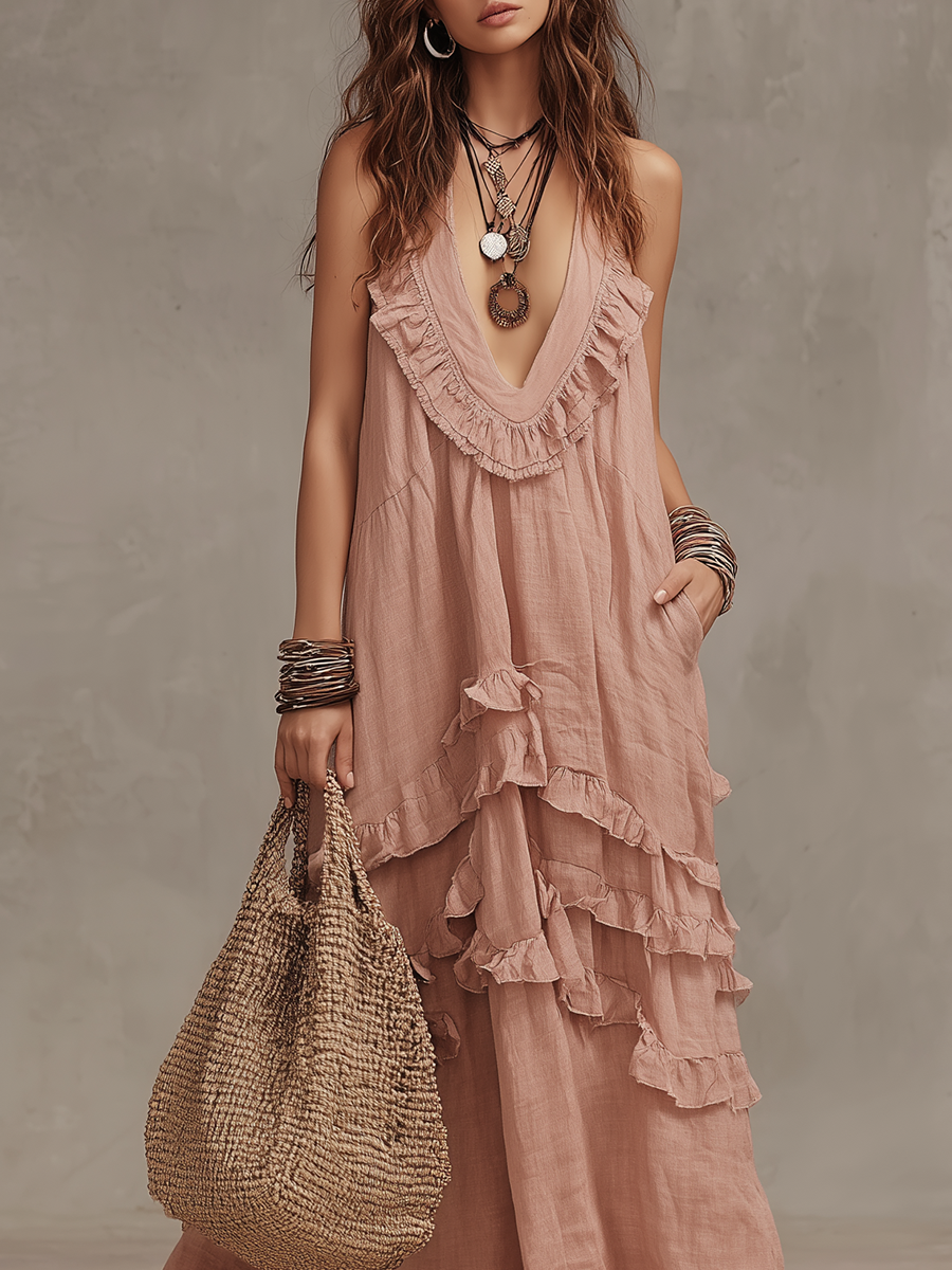 Romantic Bohemian Ruffled Layered Maxi Dress In Blush Pink
