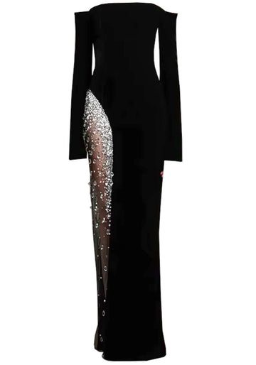 Long Sleeve Bardot Crystal Mesh Maxi Dress Black