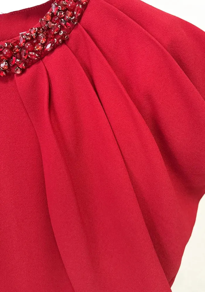 Crystal Neckline Draped Maxi Dress Red