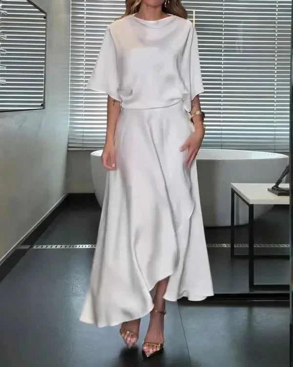 White Satin Cowl Neck Midi Dress With Pockets