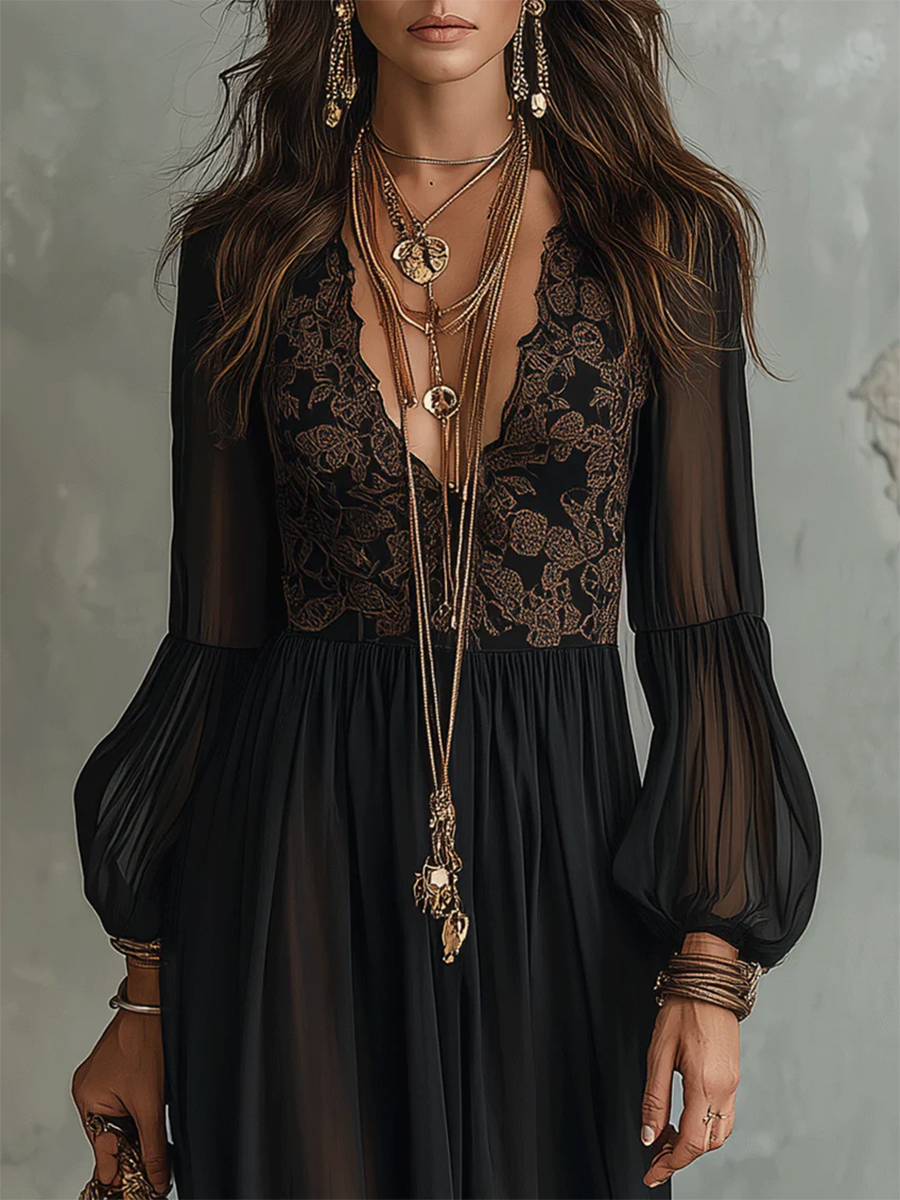 Boho Sexy V-neck Lace Backless Chiffon Dress