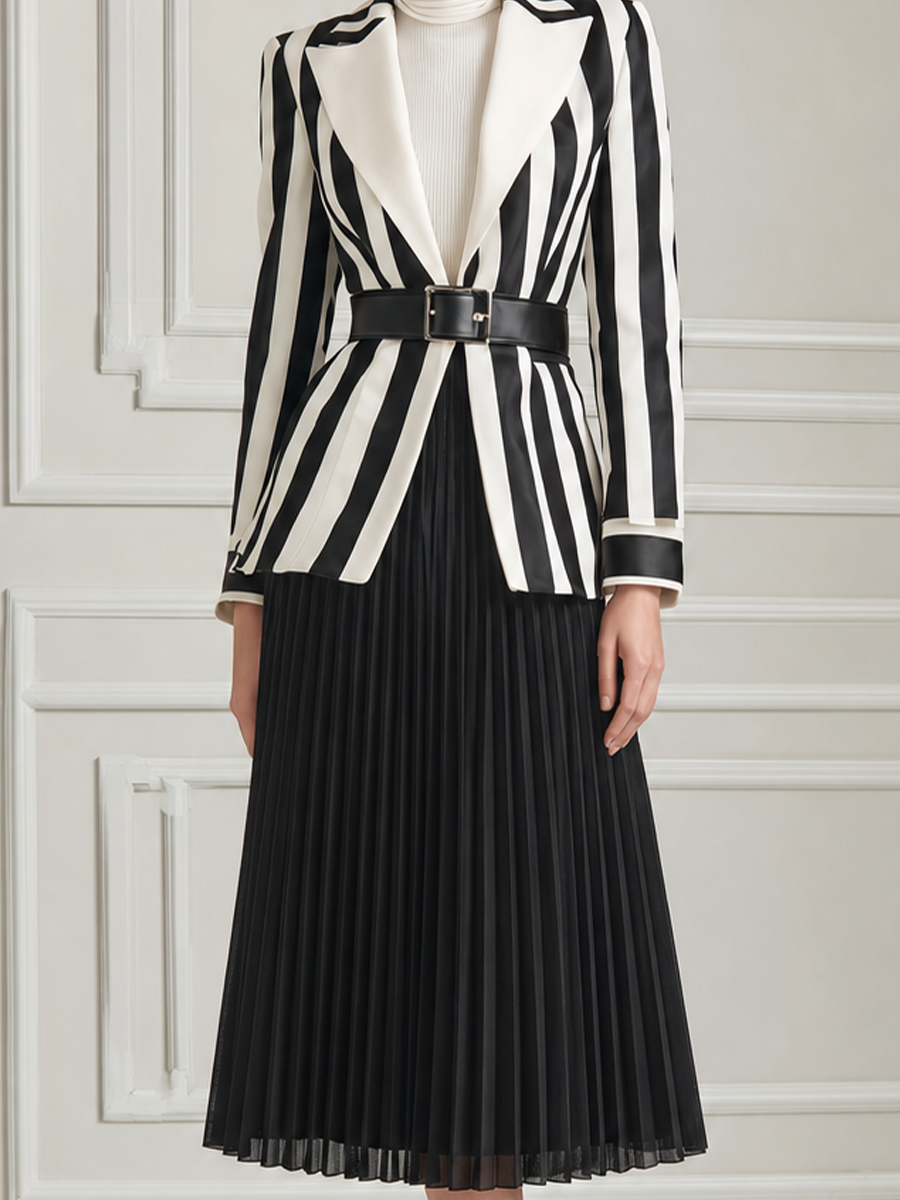 Black White Vertical Stripe Tailored Blazer & Pleated Midi Skirt Two-Piece Suit Set