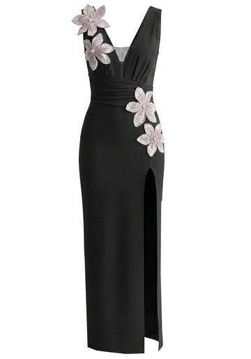 Floral Draped Maxi Dress Black