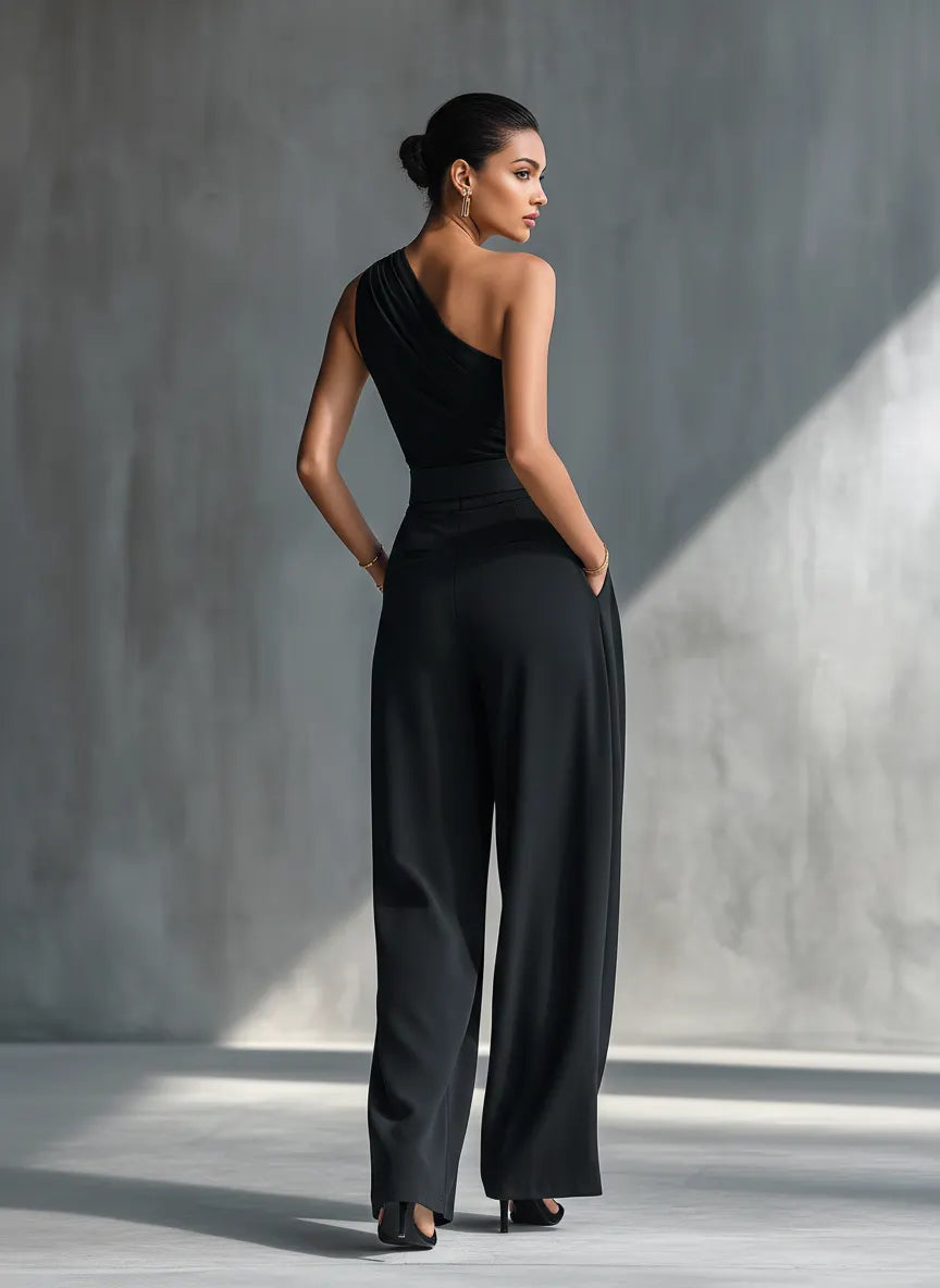 Women's Black Knitted One-Shoulder Ruched Top MDZ2477B1T