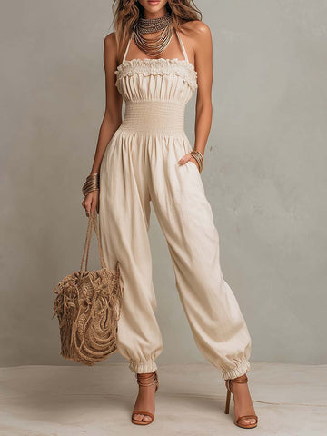 Bohemian Lace-Trimmed Linen-Blend Halter Harem Jumpsuit
