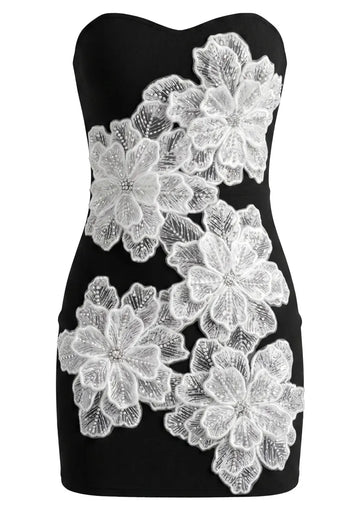 Strapless Embellished Floral Dress Black White