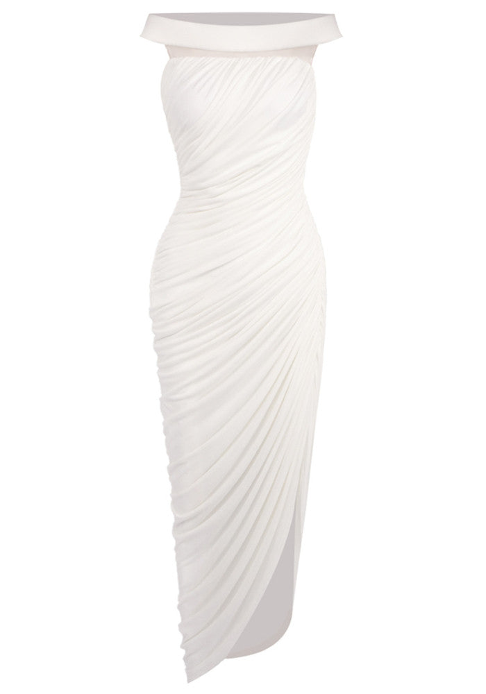 Bardot Draped Mesh Insert Maxi Dress White