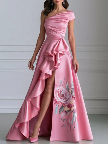 Floral Ruched One-Shoulder Ruffle Satin Evening Gown