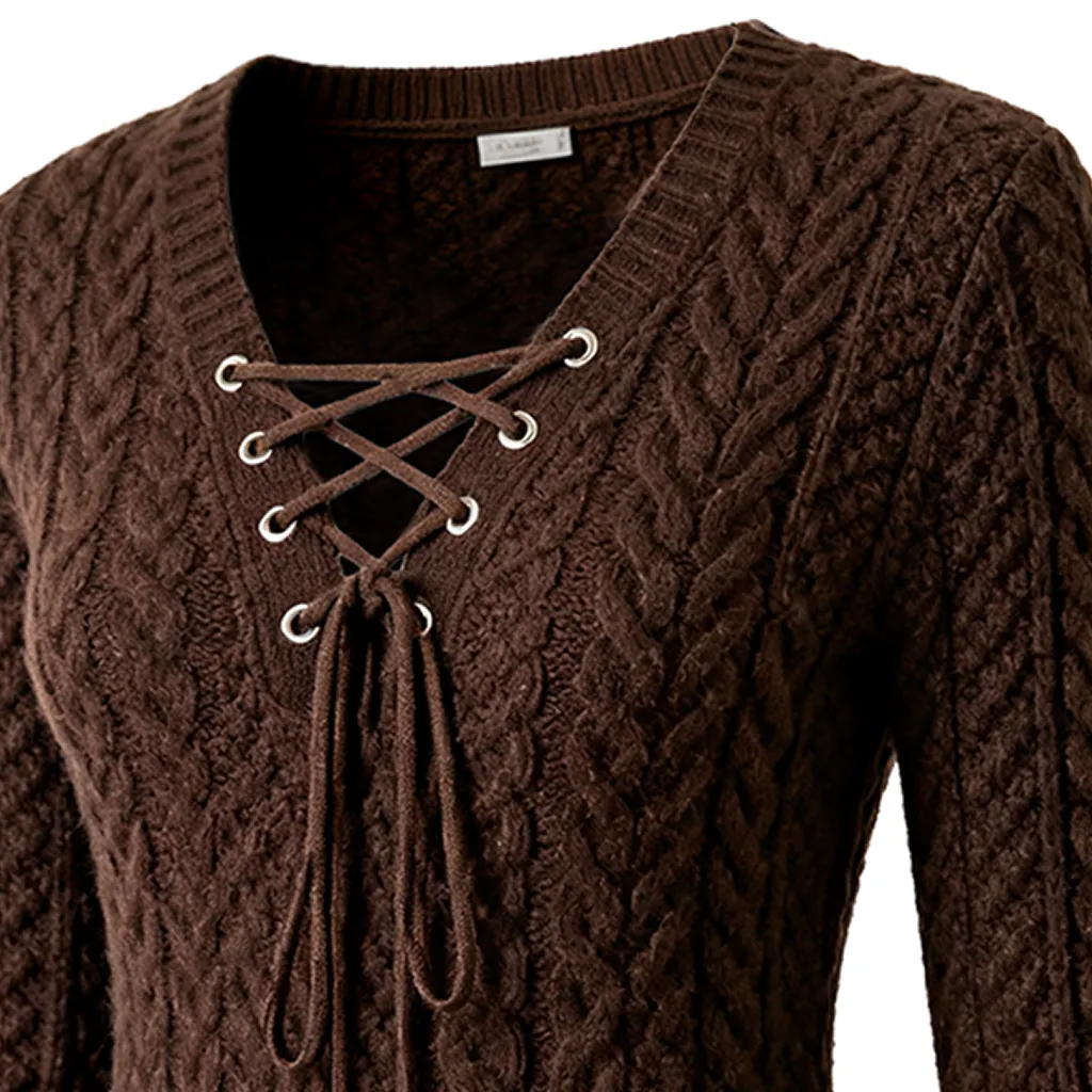Women's Vintage Cable Knit Sweater With Lace-Up Front Brown