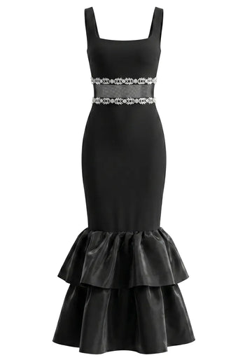 Crystal Mesh Ruffle Maxi Dress Black