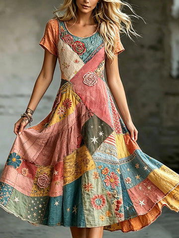 Women's Retro Bohemian Floral Color-blocked Casual Round Neck Dress