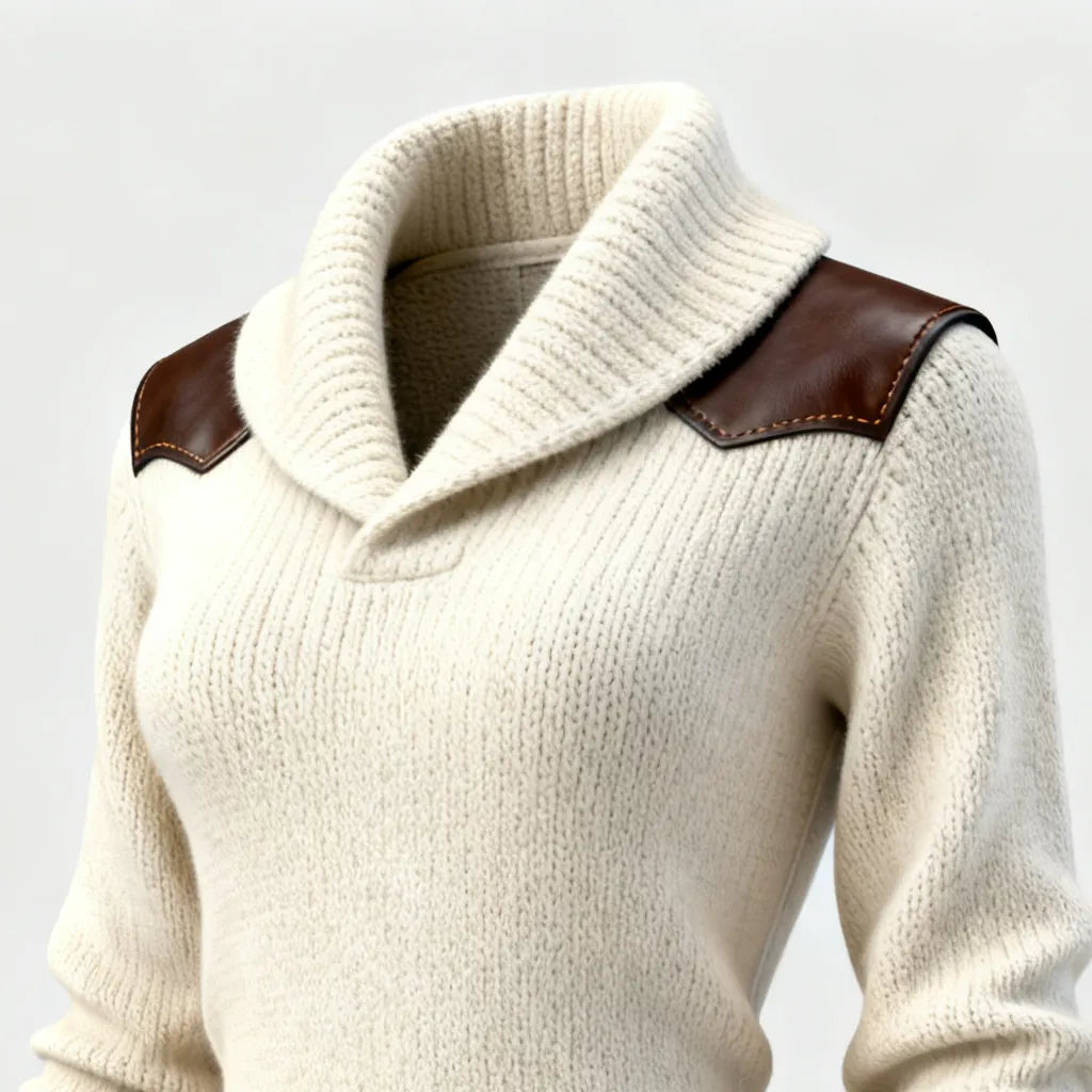 Women'sElegant Cream Knit Dress With Leather Accents