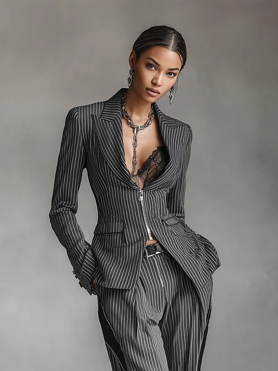 Women's Black Pinstripe Tailored Blazer With Center Front Zipper, Timeless Edgy Office & Evening Jacket MDZ2535D4LYL