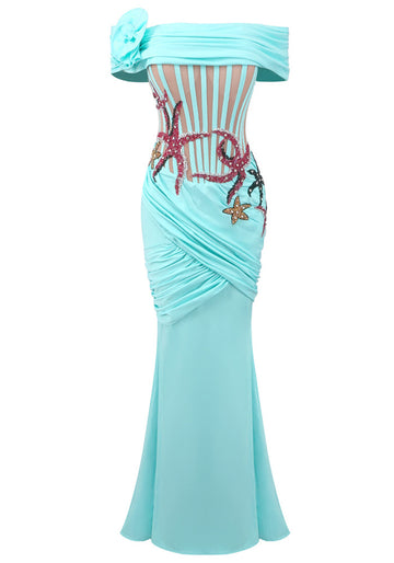 Floral Bardot Crystal Starfish Maxi Dress Turquoise