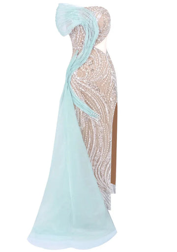 Strapless Draped Crystal Maxi Dress Green