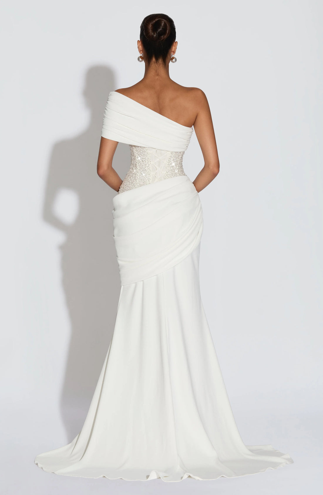 White One-Shoulder Crystal Embellished Maxi Dress