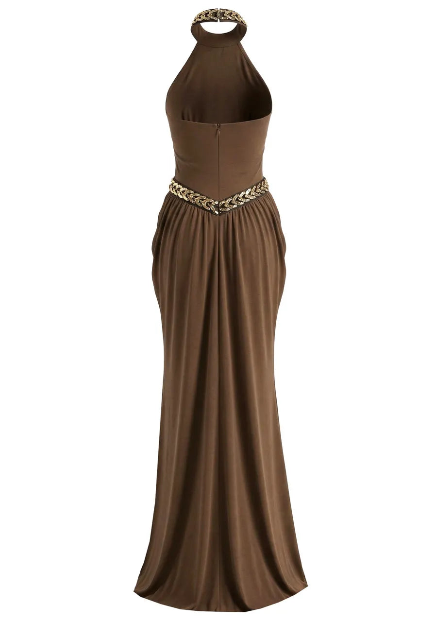 Halter Sequin Detail Draped Maxi Dress Brown