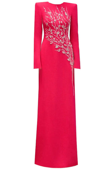 Long Sleeve Crystal Floral Maxi Dress Hot Pink
