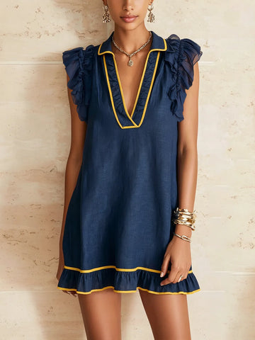 Navy Blue And Yellow Trim Ruffled Loose Mini Dress