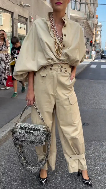 Beige Oversized Shirt High Waist Cargo Pants Two Piece Set