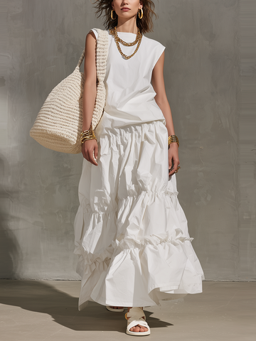 Minimal Ivory Sleeveless Tiered Maxi Dress