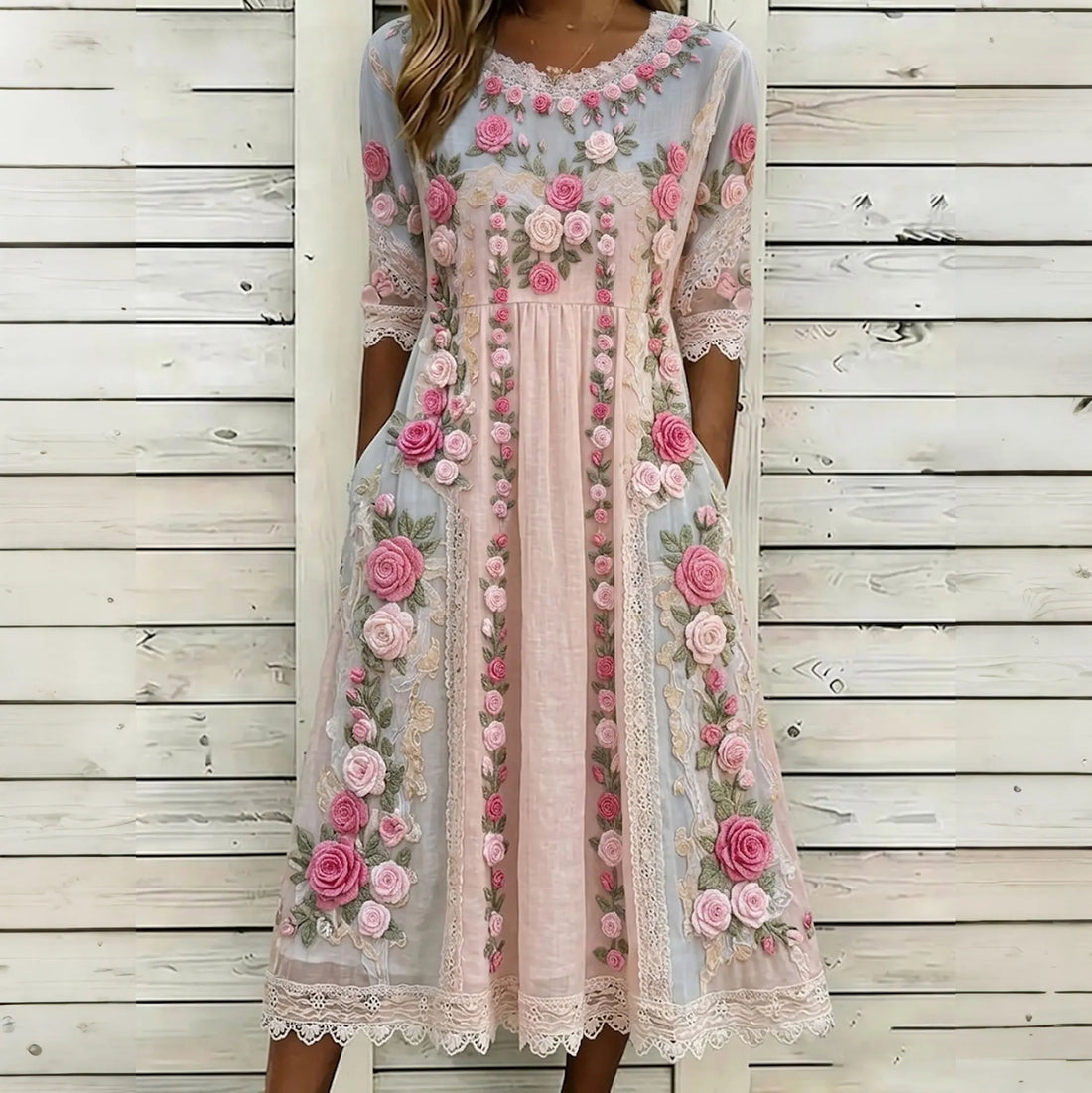 Women's Vintage Floral Embroidered Art Round Neck Midi Dress
