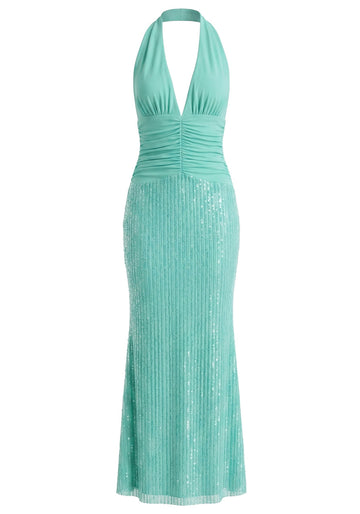 Halter Ruched Sequin Maxi Dress Green