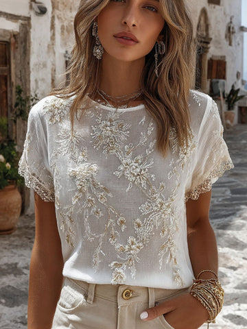 Women's Floral Embroidery Casual Cotton Linen Round Neck Short Sleeve T-shirt