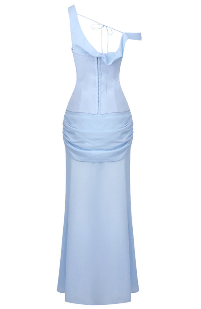 One Shoulder Corset Draped Maxi Dress Blue