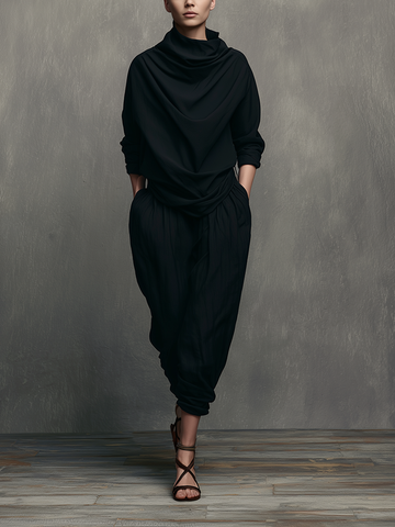 Women's Minimalist Black Polyester-Cotton Set: Mock-Neck Top & Loose-Fit Tapered Cropped Harem Pants  MDZ2745D6ZJW