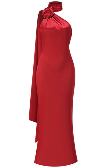 Halter Floral Silk Maxi Dress Red