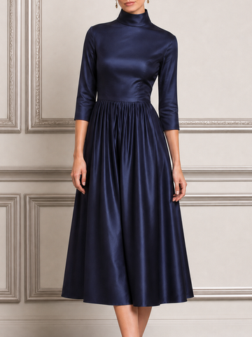 Navy Dress Fall Wedding Guest Dress Satin Mock Neck A-Line Midi Dress