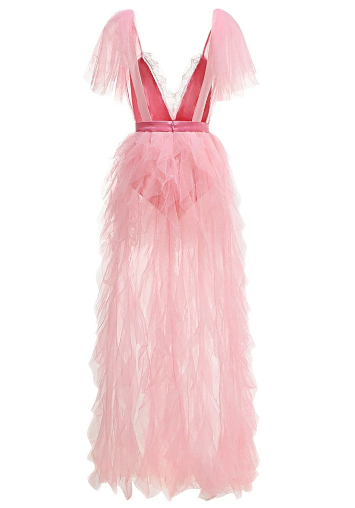Short Sleeve Lace Mesh Ruffle Maxi Dress Pink