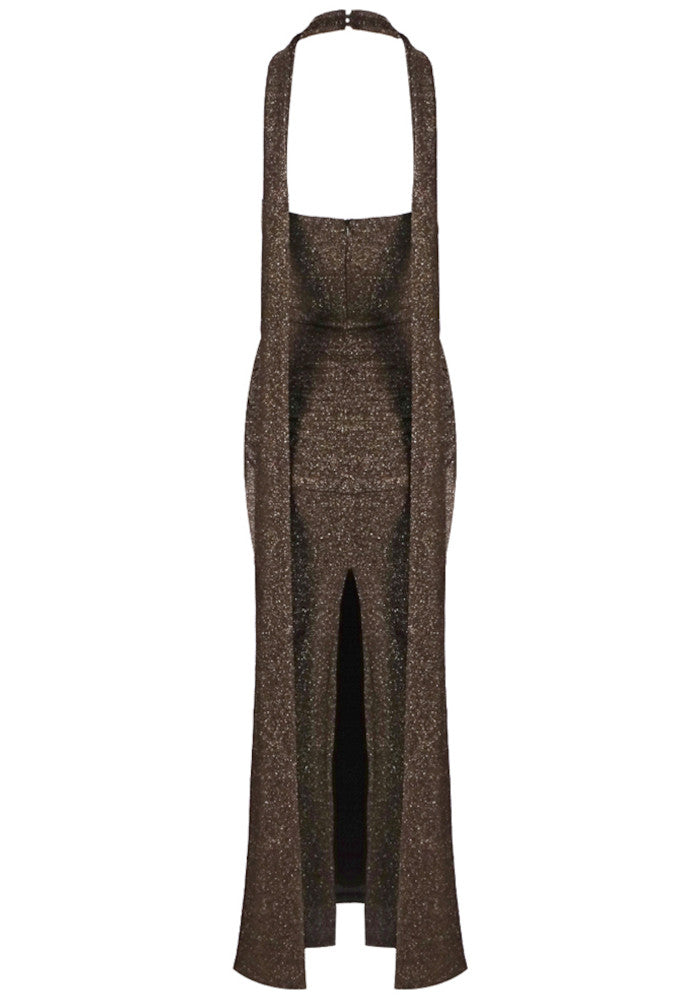 Halter Sparkly Maxi Dress Brown