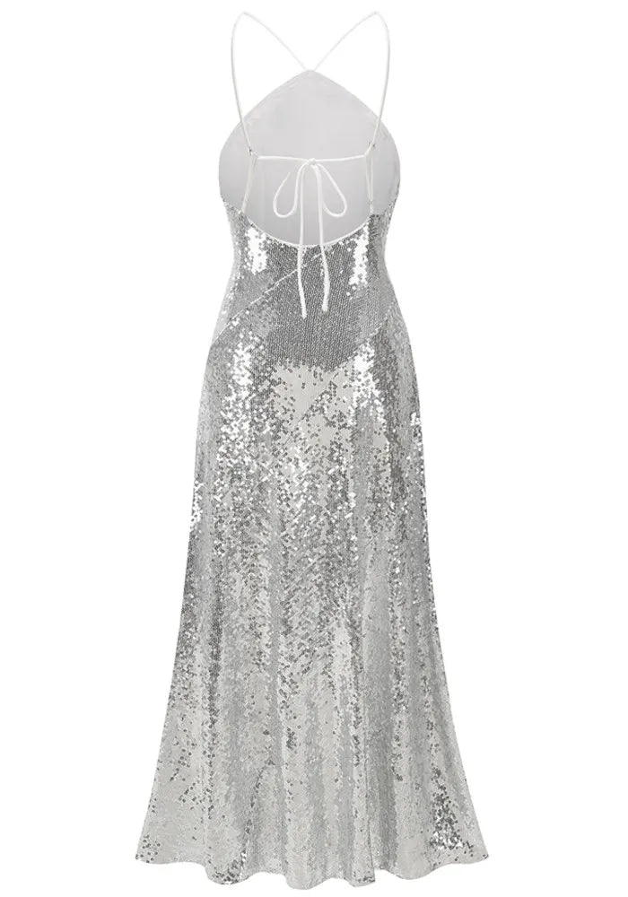 Halter Ruffle Detail Sequin Maxi Dress Silver