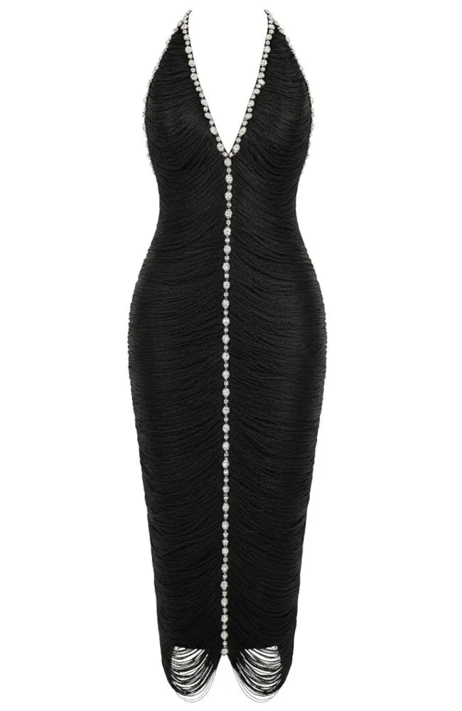 Halter Crystal Tassel Midi Dress Black