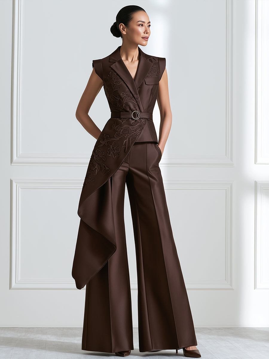 Embroidered Asymmetric Vest And Wide-Leg Pants Set